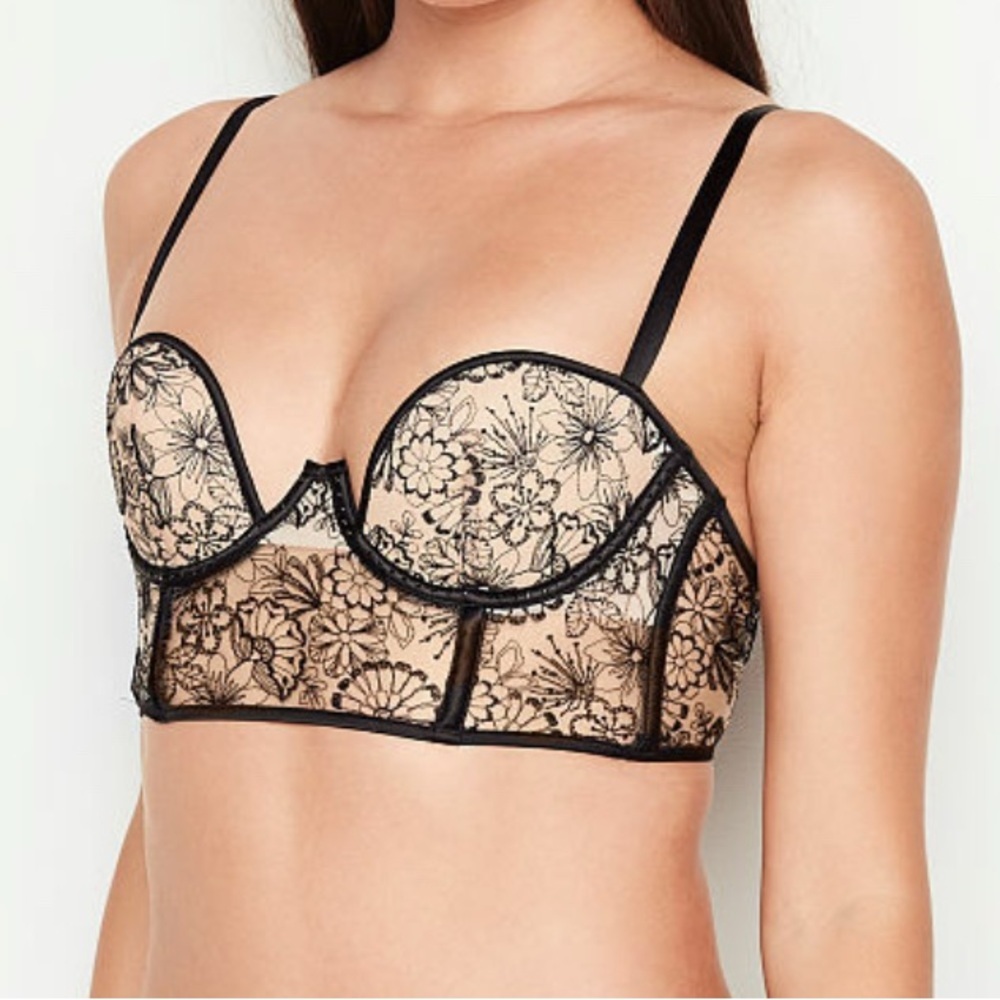 Victoria Secret Bra VERY SEXY Floral Embroidered Pushup Bustier Size 34 D